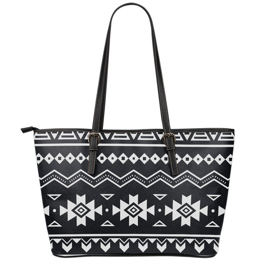 Black And White Aztec Pattern Print Leather Tote Bag