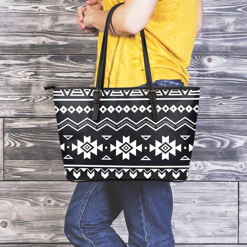 Black And White Aztec Pattern Print Leather Tote Bag