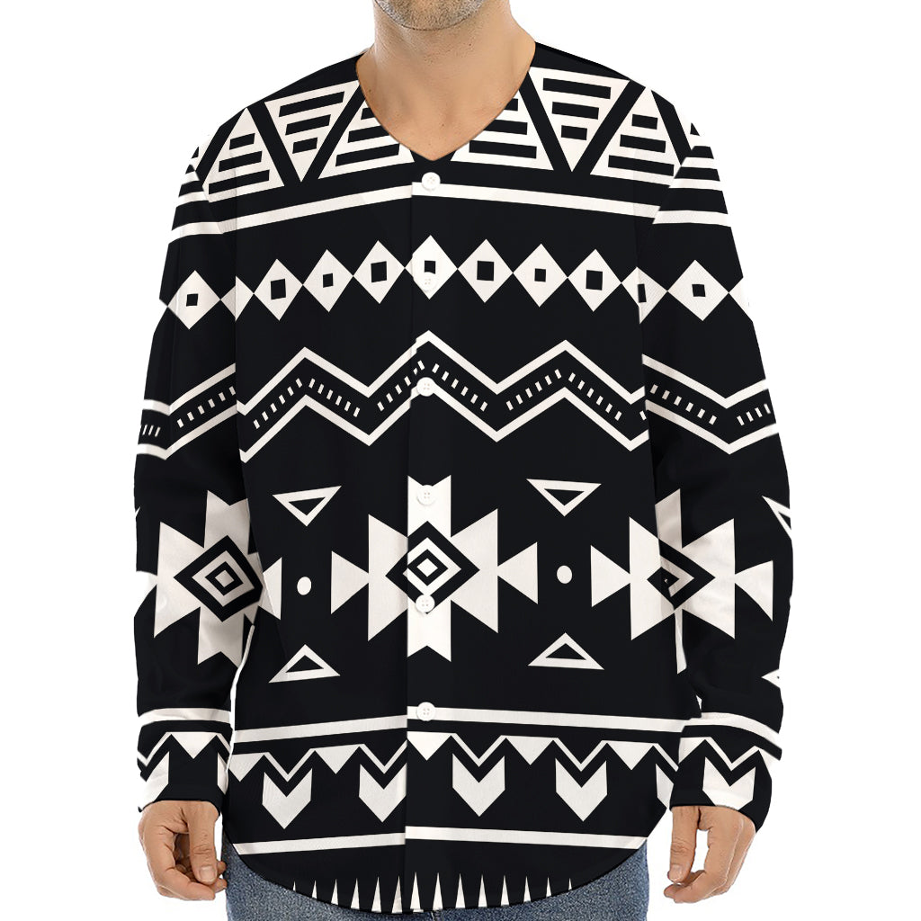 Black And White Aztec Pattern Print Long Sleeve Baseball Jersey