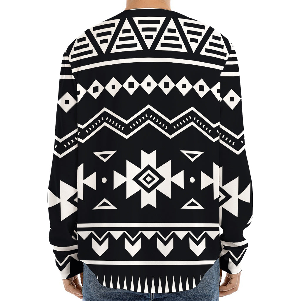 Black And White Aztec Pattern Print Long Sleeve Baseball Jersey