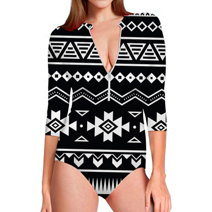 Black And White Aztec Pattern Print Long Sleeve Swimsuit