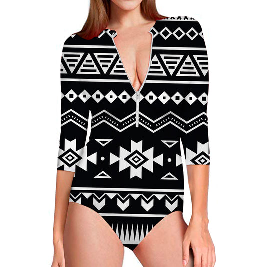 Black And White Aztec Pattern Print Long Sleeve Swimsuit