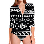 Black And White Aztec Pattern Print Long Sleeve Swimsuit