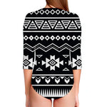 Black And White Aztec Pattern Print Long Sleeve Swimsuit