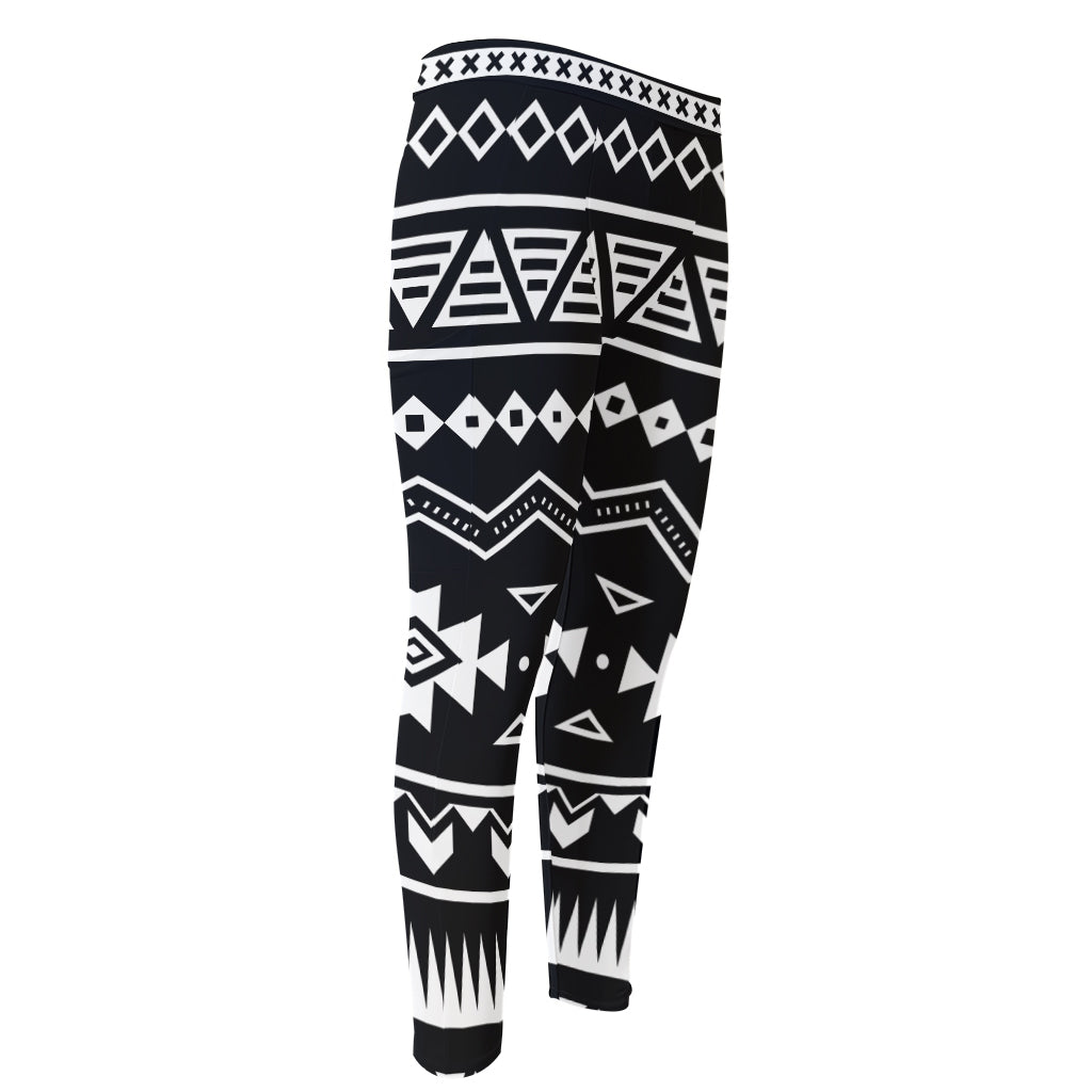 Black And White Aztec Pattern Print Men's Compression Pants