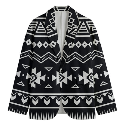 Black And White Aztec Pattern Print Men's Cotton Blazer