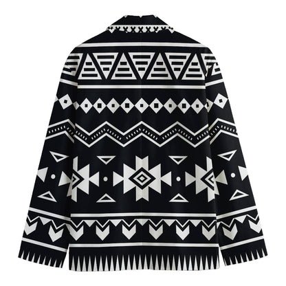 Black And White Aztec Pattern Print Men's Cotton Blazer