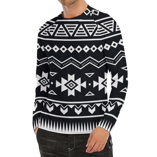 Black And White Aztec Pattern Print Men's Long Sleeve Rash Guard