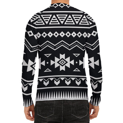 Black And White Aztec Pattern Print Men's Long Sleeve Rash Guard