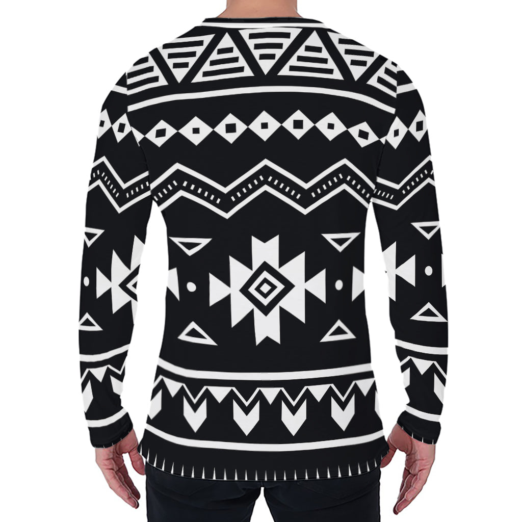 Black And White Aztec Pattern Print Men's Long Sleeve T-Shirt