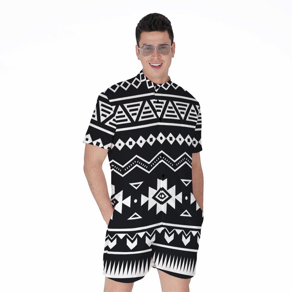 Black And White Aztec Pattern Print Men's Rompers