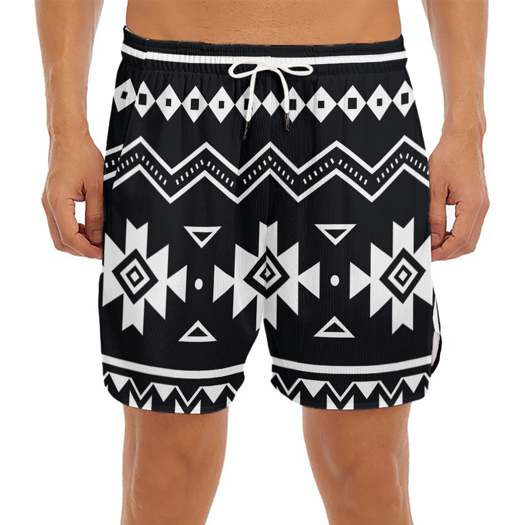 Black And White Aztec Pattern Print Men's Split Running Shorts