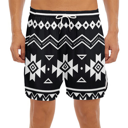 Black And White Aztec Pattern Print Men's Split Running Shorts