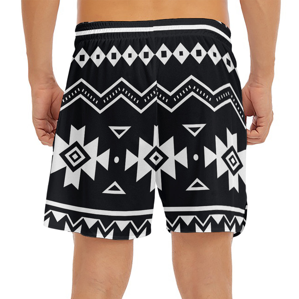 Black And White Aztec Pattern Print Men's Split Running Shorts