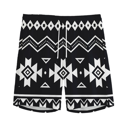 Black And White Aztec Pattern Print Men's Sports Shorts