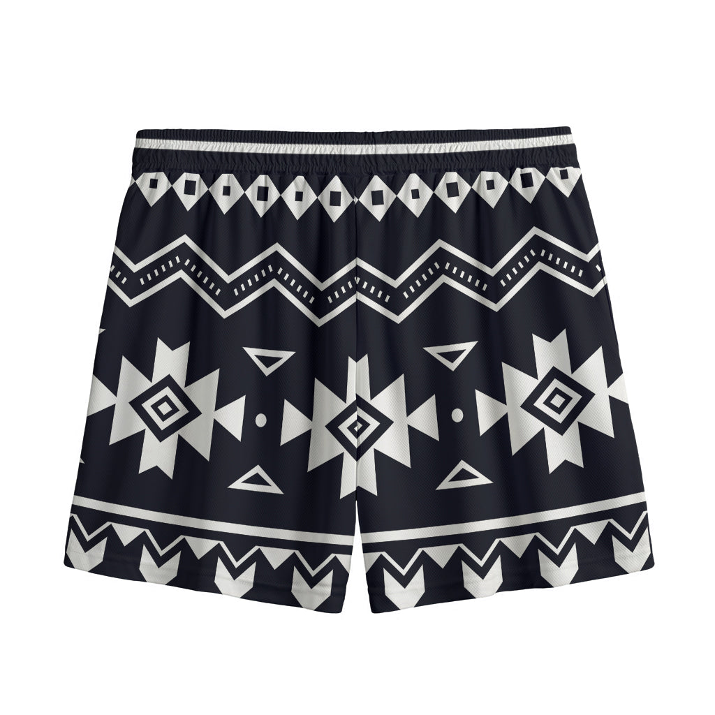 Black And White Aztec Pattern Print Mesh Shorts
