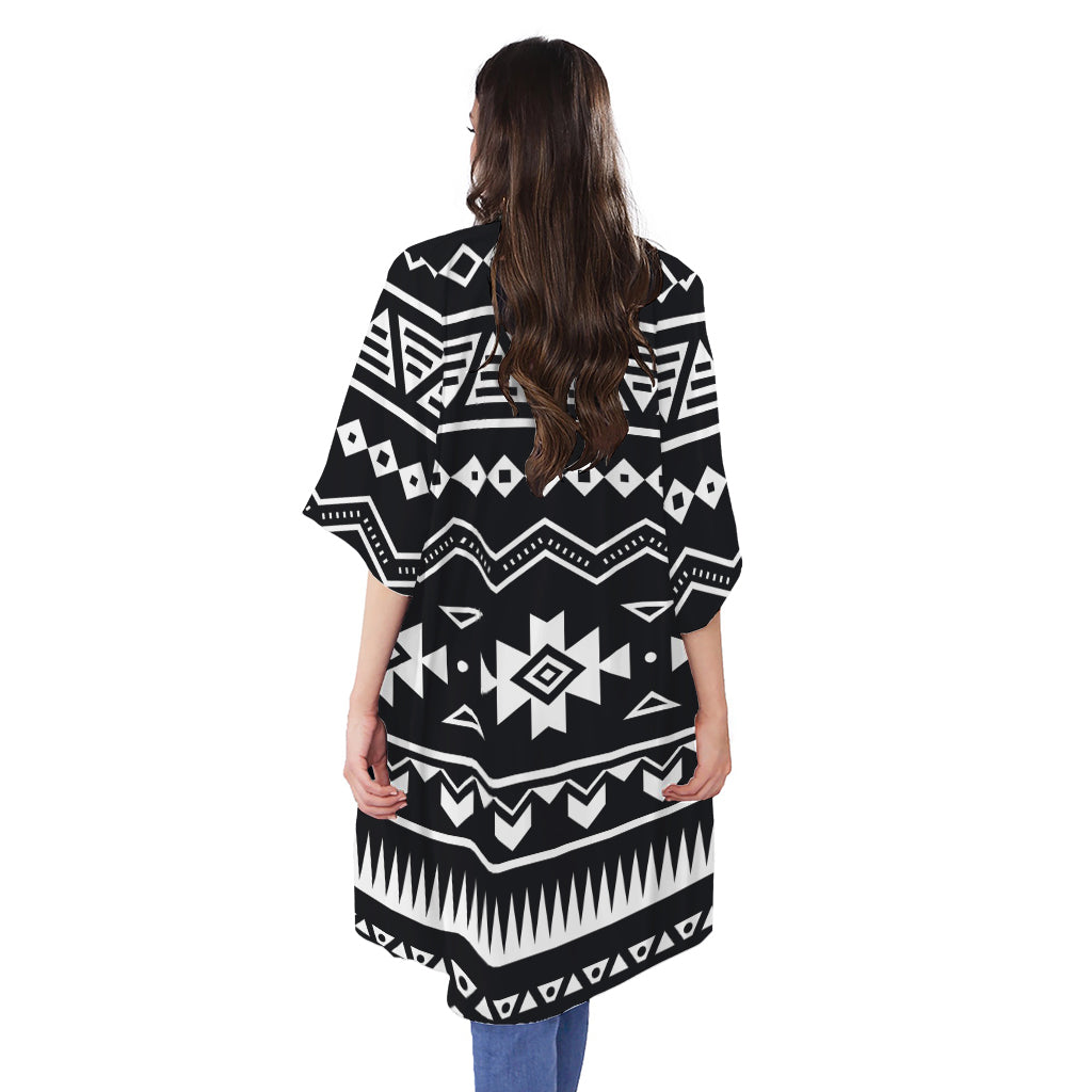 Black And White Aztec Pattern Print Open Front Beach Cover Up