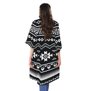 Black And White Aztec Pattern Print Open Front Beach Cover Up