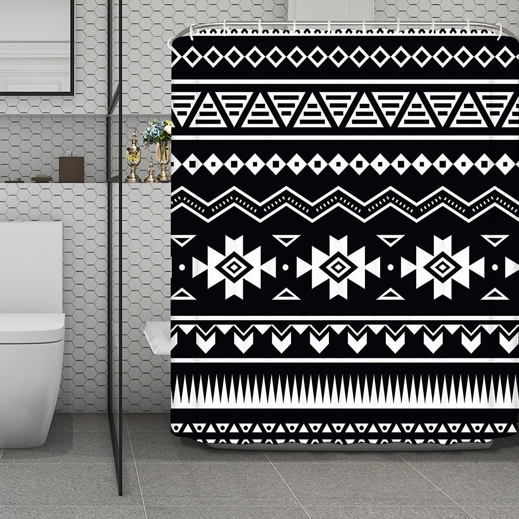 Black And White Aztec Pattern Print Polyester Shower Curtain