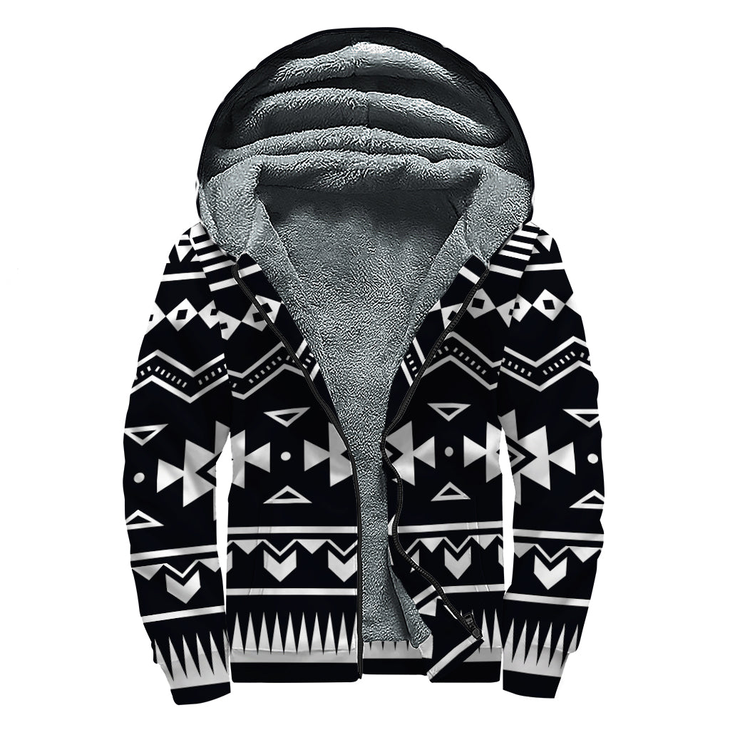Black And White Aztec Pattern Print Sherpa Lined Zip Up Hoodie