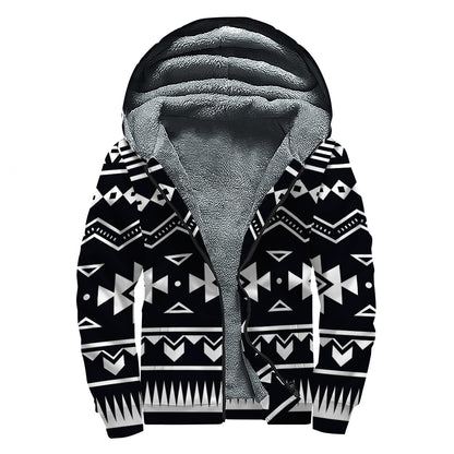 Black And White Aztec Pattern Print Sherpa Lined Zip Up Hoodie