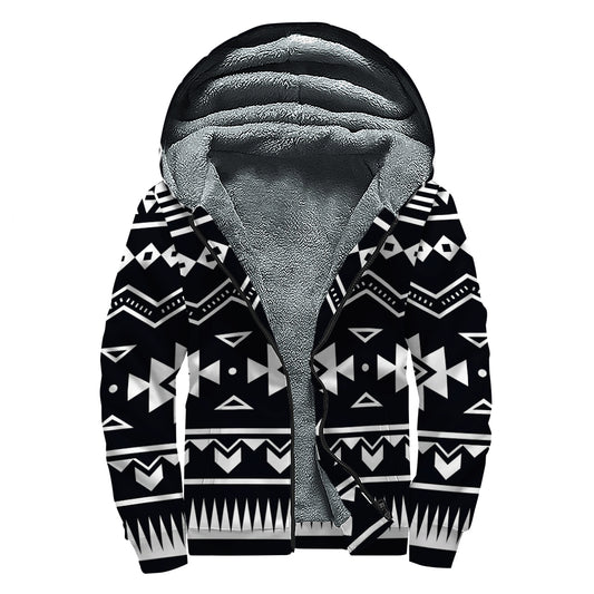 Black And White Aztec Pattern Print Sherpa Lined Zip Up Hoodie