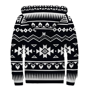 Black And White Aztec Pattern Print Sherpa Lined Zip Up Hoodie