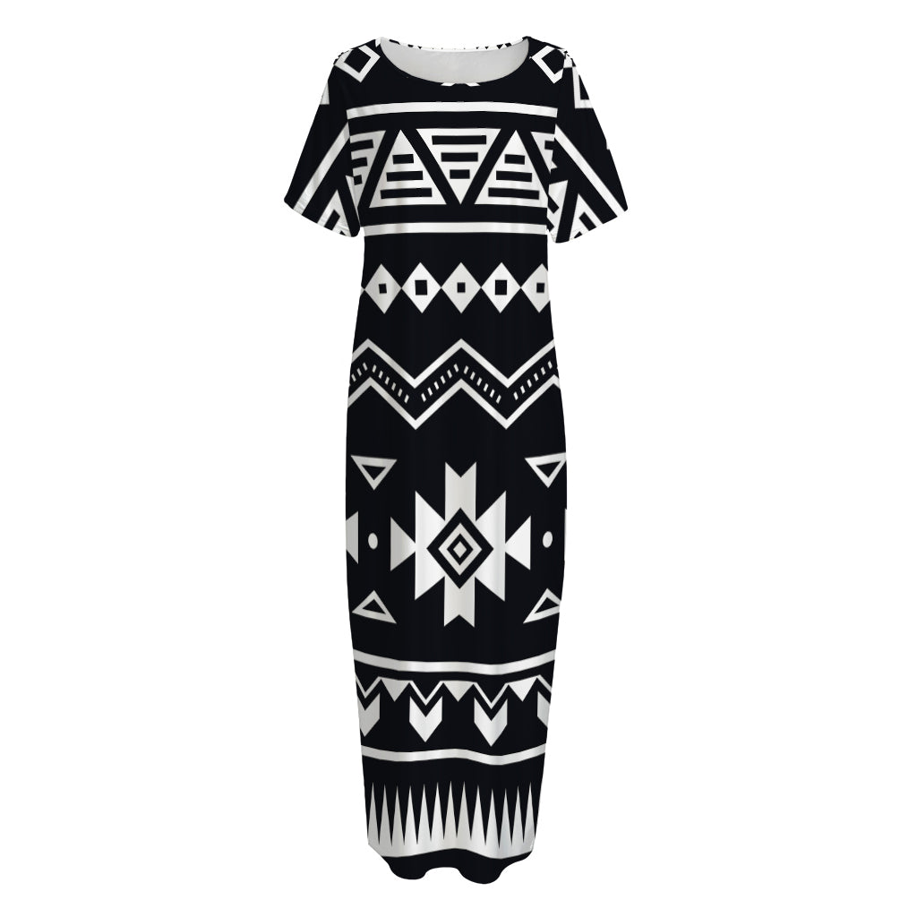 Black And White Aztec Pattern Print Short Sleeve Long Nightdress