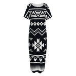 Black And White Aztec Pattern Print Short Sleeve Long Nightdress