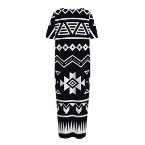 Black And White Aztec Pattern Print Short Sleeve Long Nightdress