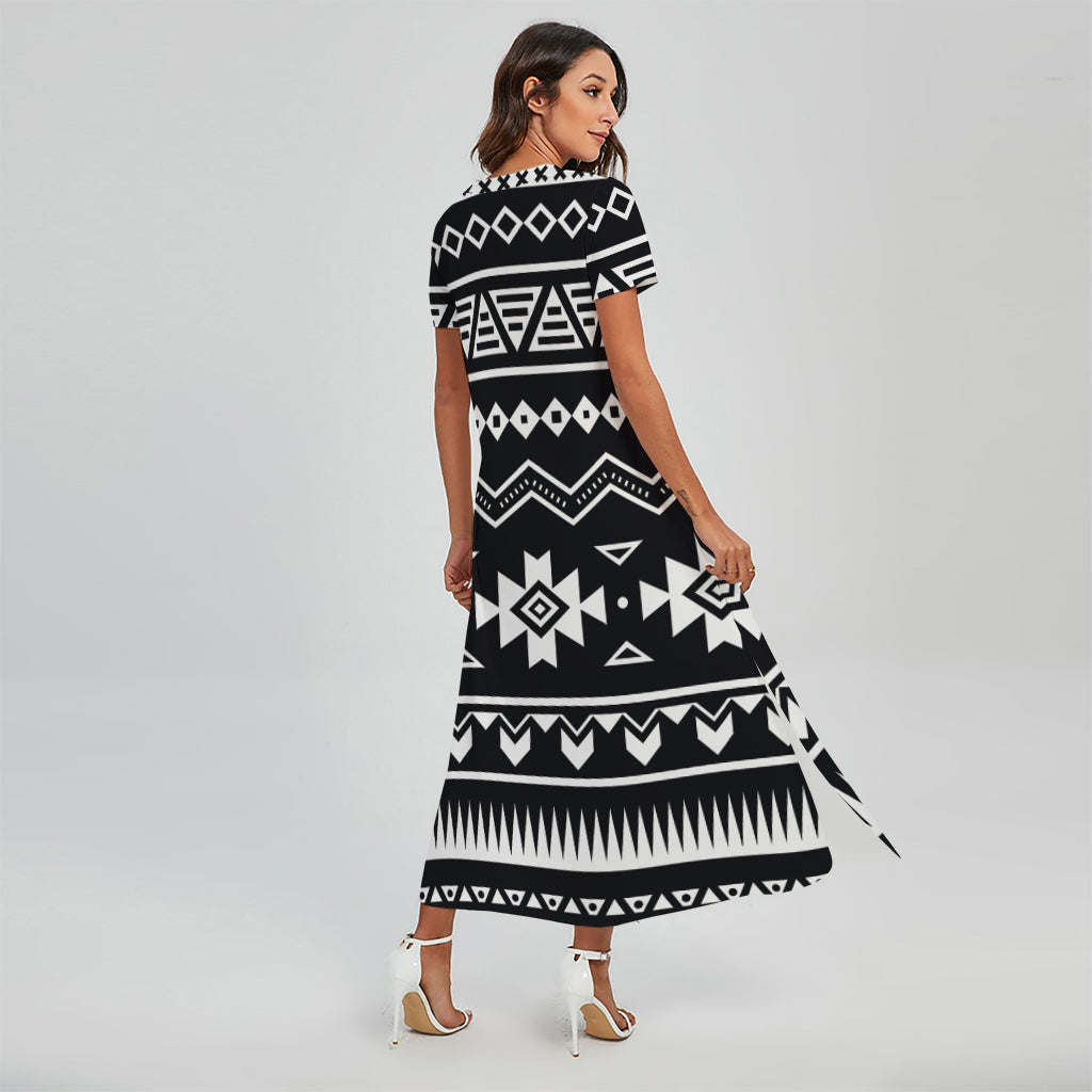 Black And White Aztec Pattern Print Short Sleeve Maxi Dress