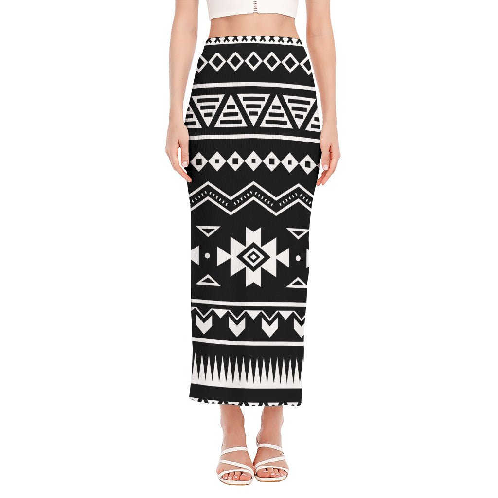 Black And White Aztec Pattern Print Side Slit Maxi Skirt