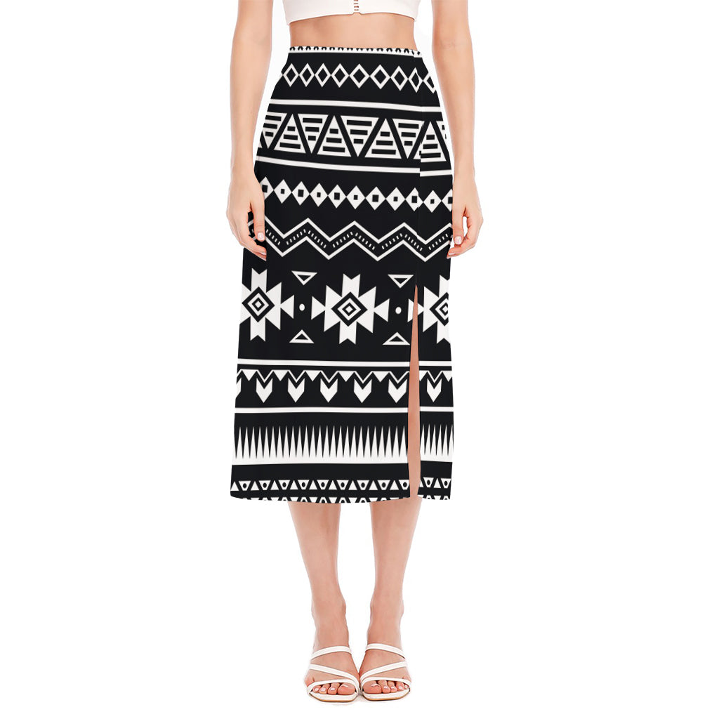 Black And White Aztec Pattern Print Side Slit Midi Skirt