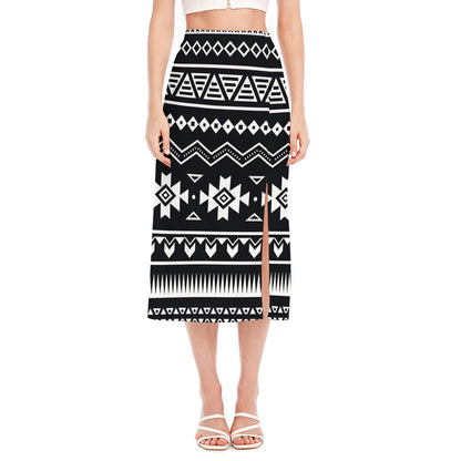 Black And White Aztec Pattern Print Side Slit Midi Skirt