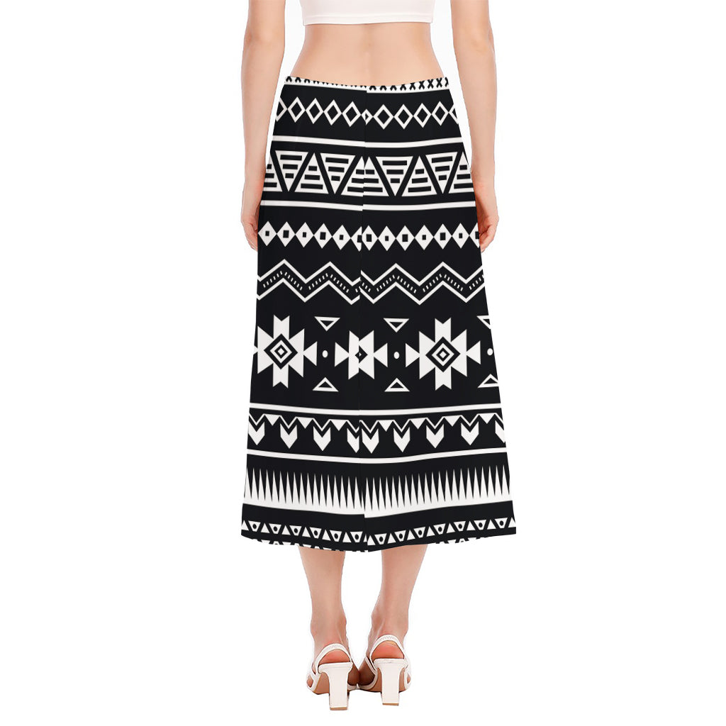 Black And White Aztec Pattern Print Side Slit Midi Skirt