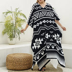Black And White Aztec Pattern Print Silk V-Neck Kaftan Dress