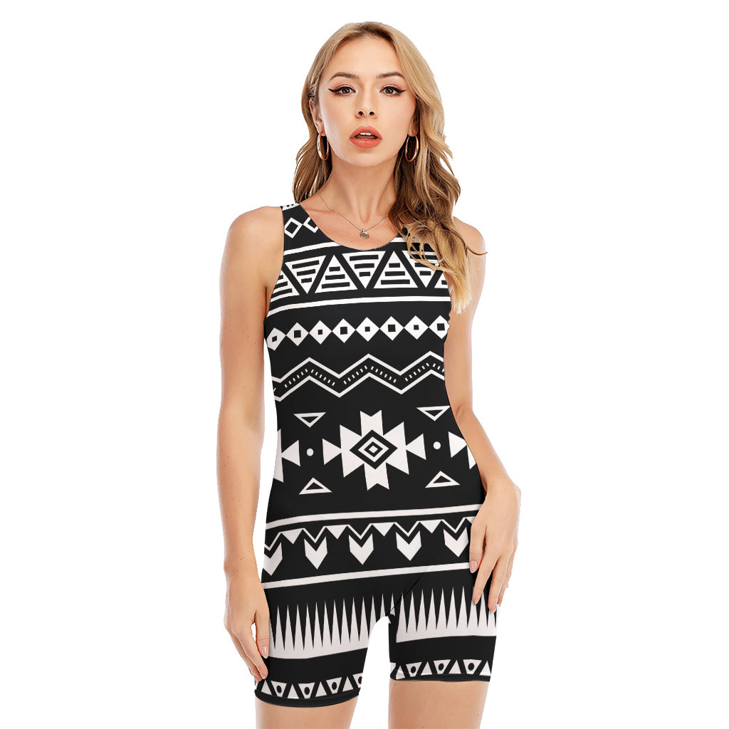 Black And White Aztec Pattern Print Sleeveless One Piece Swimsuit