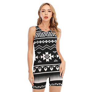 Black And White Aztec Pattern Print Sleeveless One Piece Swimsuit