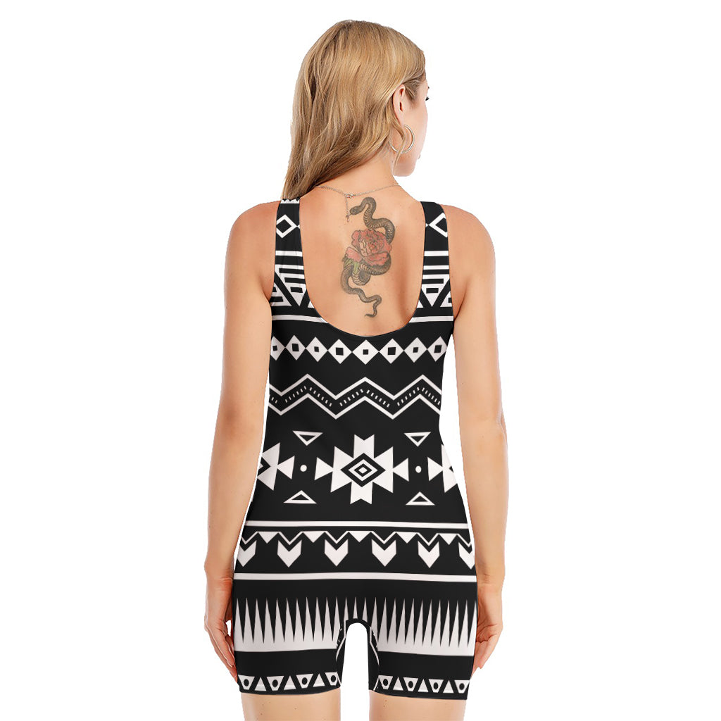 Black And White Aztec Pattern Print Sleeveless One Piece Swimsuit