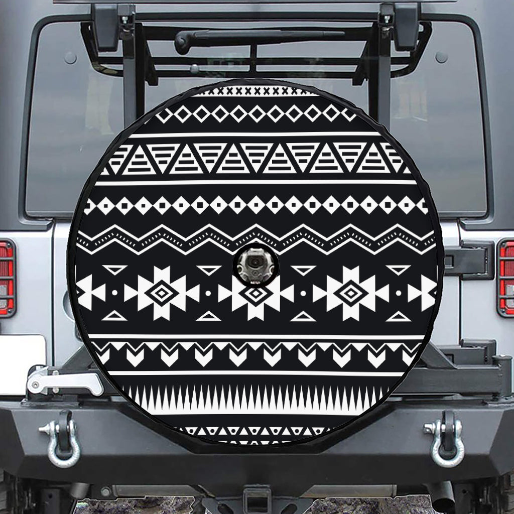 Black And White Aztec Pattern Print Tire Cover With Camera Hole