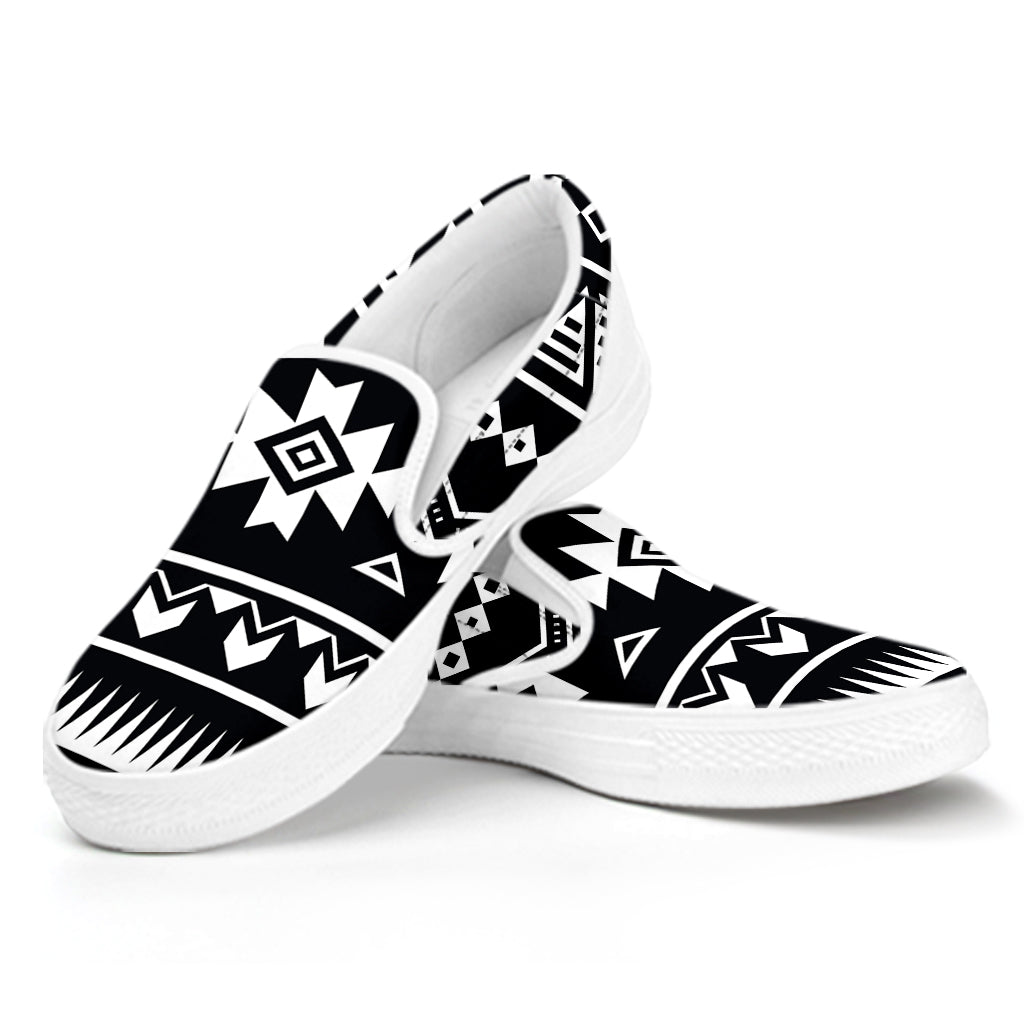 Black And White Aztec Pattern Print White Slip On Sneakers