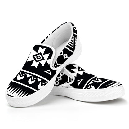 Black And White Aztec Pattern Print White Slip On Sneakers