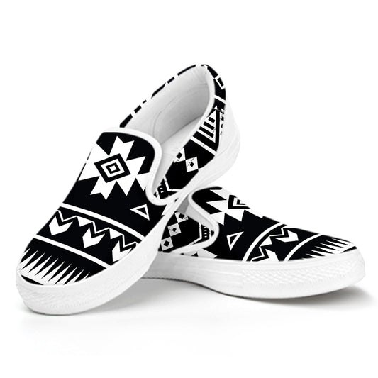 Black And White Aztec Pattern Print White Slip On Sneakers