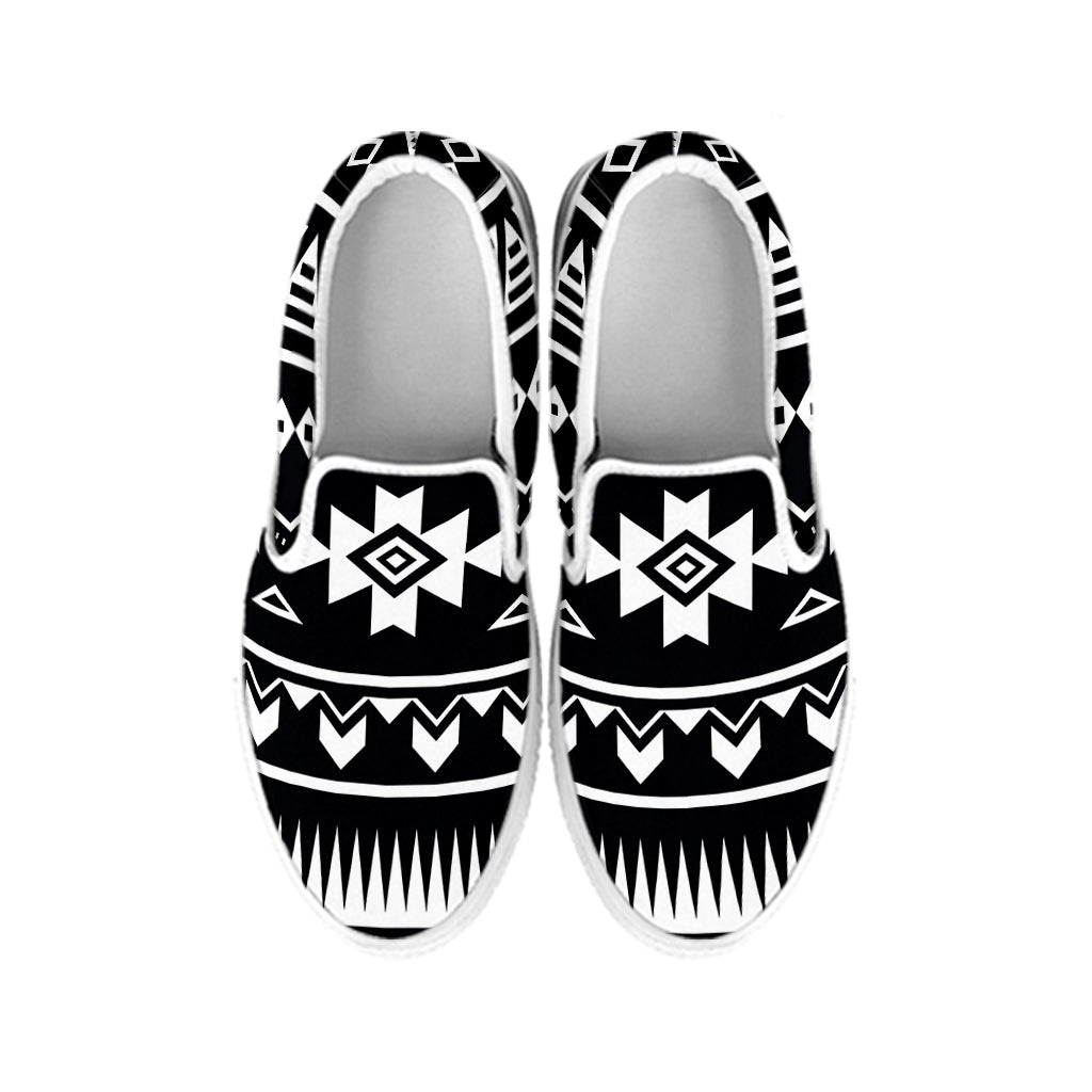 Black And White Aztec Pattern Print White Slip On Sneakers