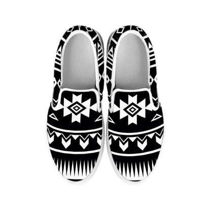 Black And White Aztec Pattern Print White Slip On Sneakers