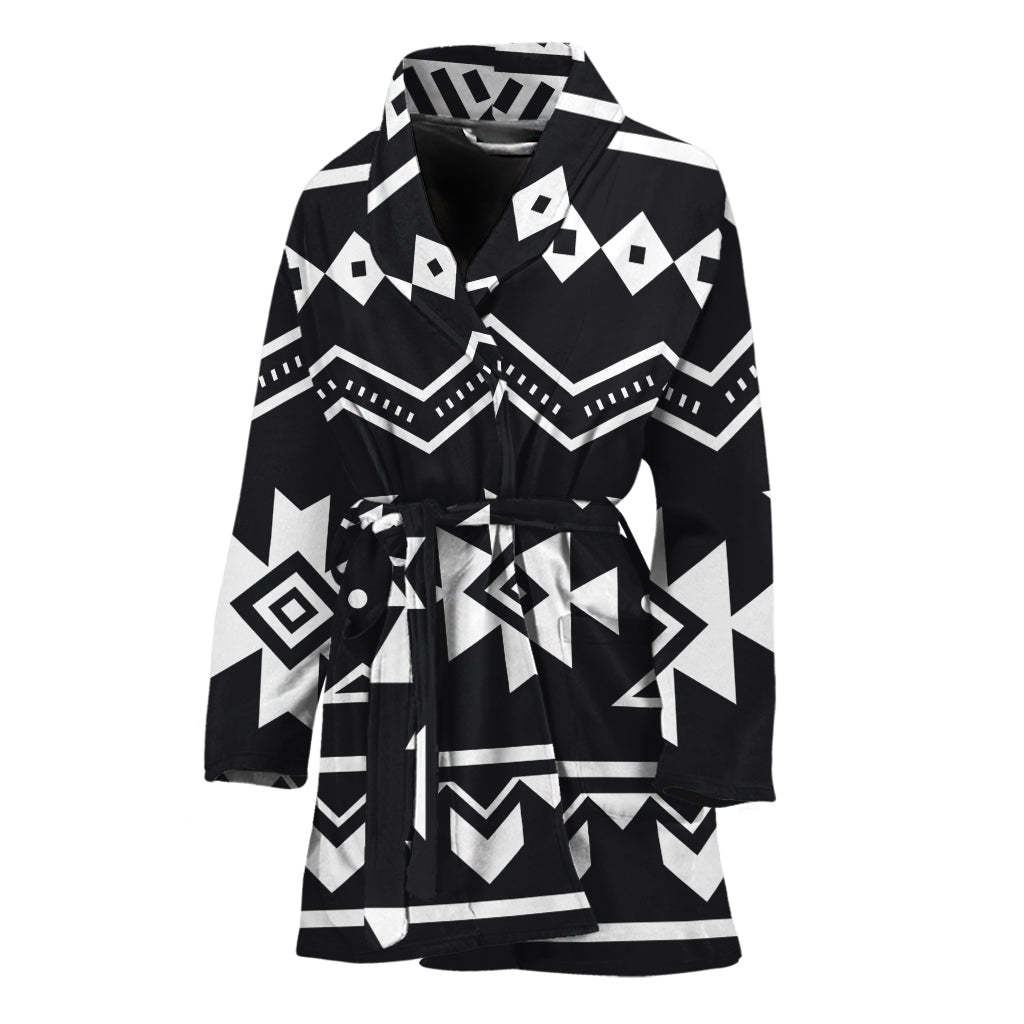 Black And White Aztec Pattern Print Women's Bathrobe