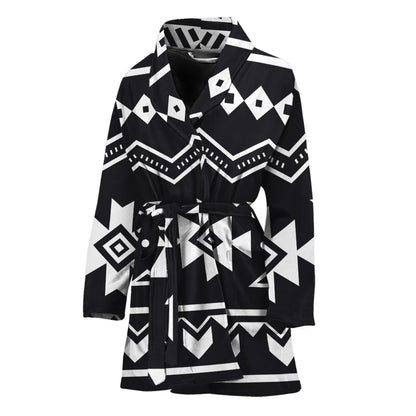 Black And White Aztec Pattern Print Women's Bathrobe