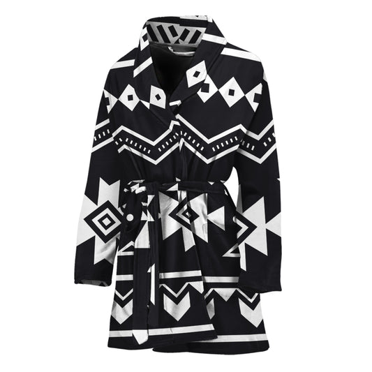 Black And White Aztec Pattern Print Women's Bathrobe