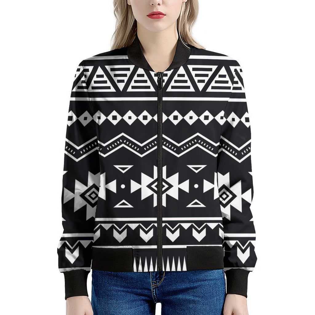 Black And White Aztec Pattern Print Women's Bomber Jacket