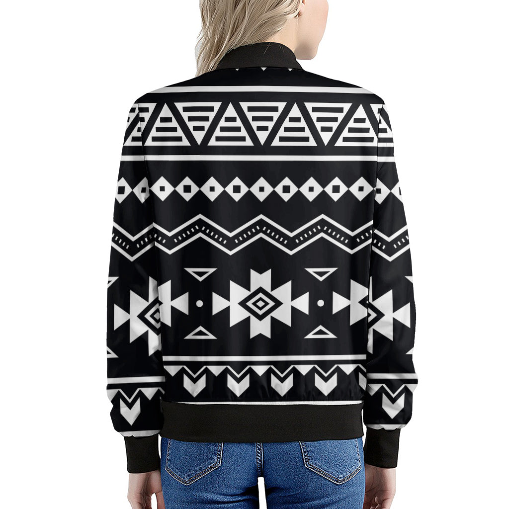 Black And White Aztec Pattern Print Women's Bomber Jacket